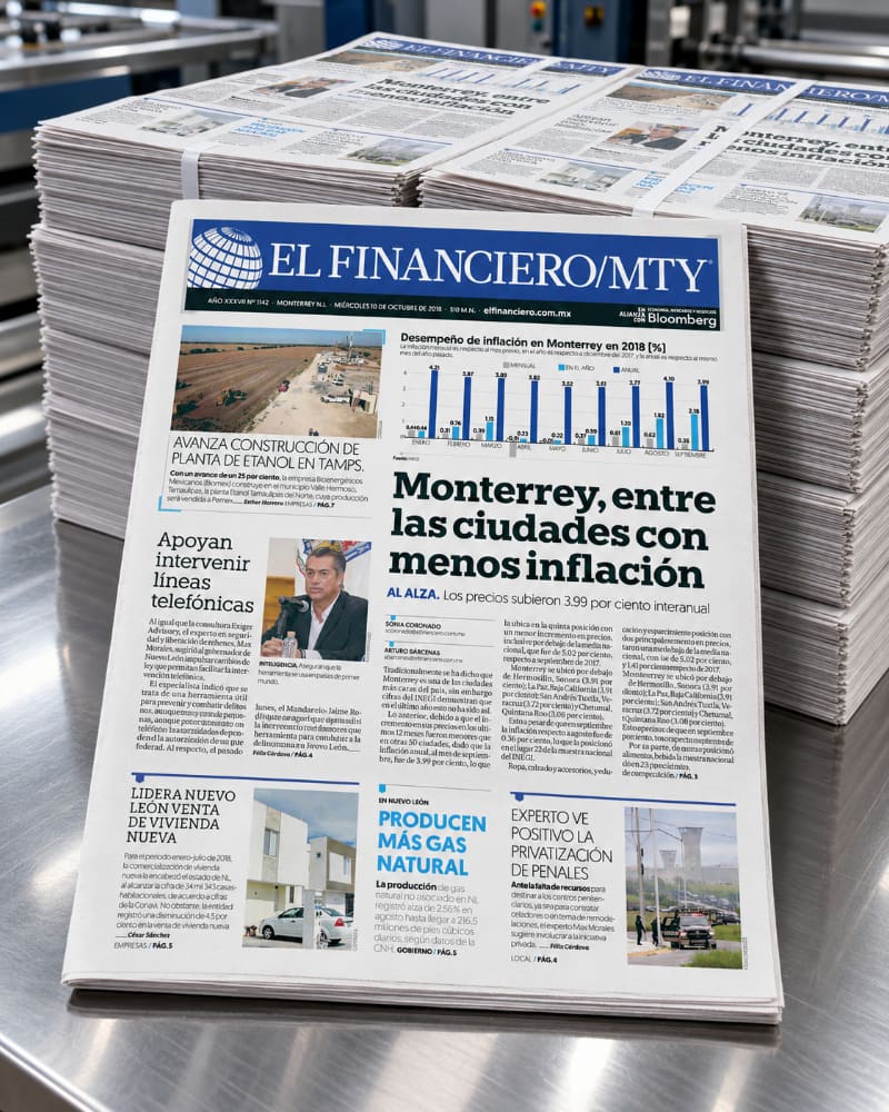 Ejemplares del periódico El Financiero / MTY apilados sobre una mesa de producción.
